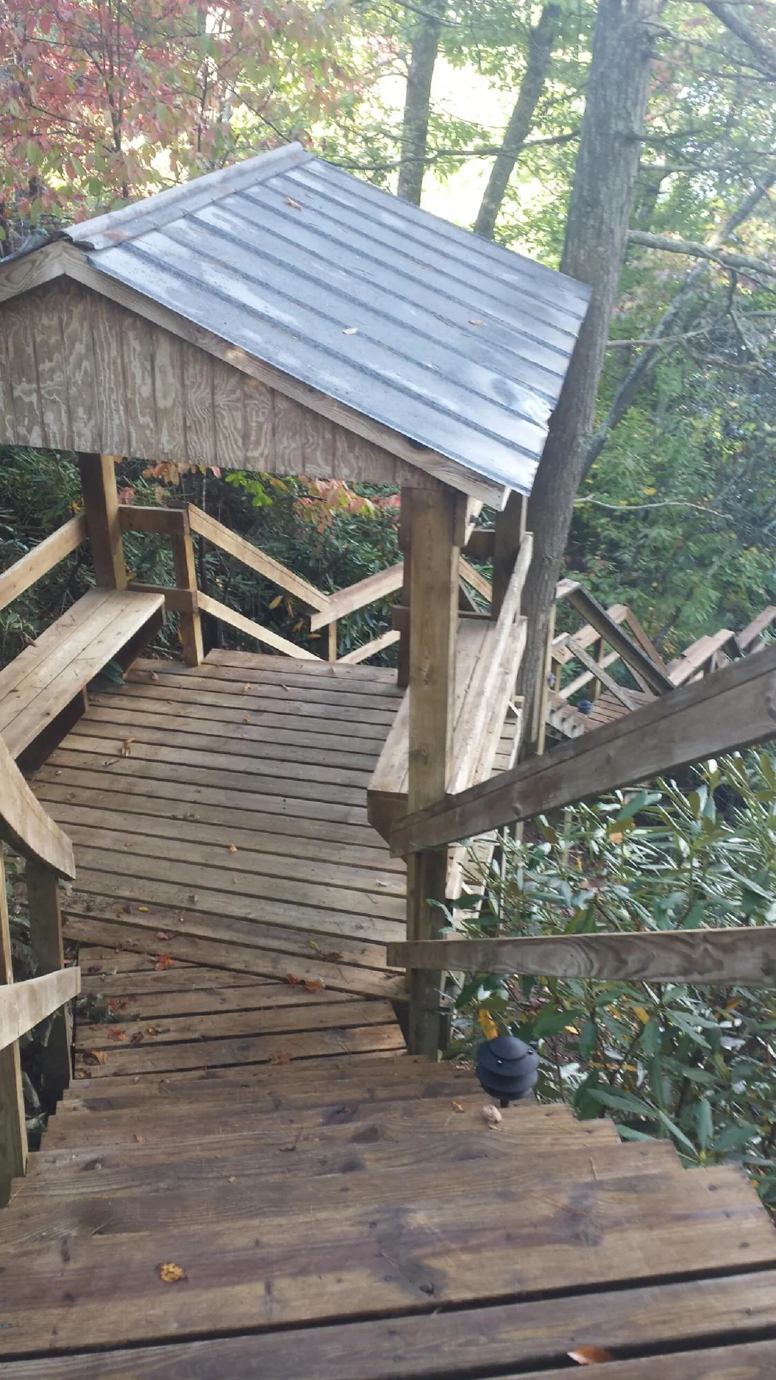 Metal roofed shelter over wooden steps on a wooded walkway — Skylight Repair & Installation work by our crew in Birchwood